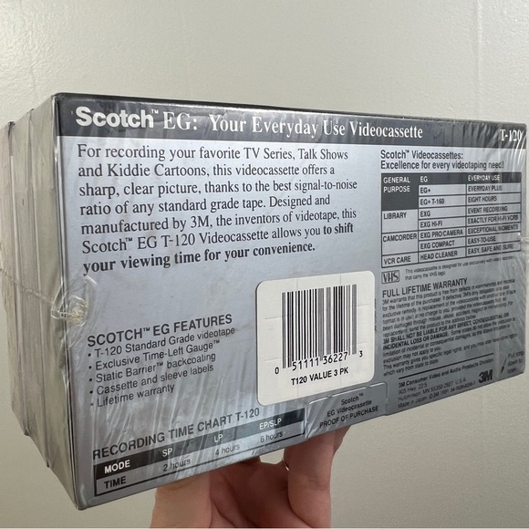 Scotch 1 EG+ High Grade T-120 Blank VHS Videocassette 2 Standard 3 Pack NOS VTG - Picture 7 of 11